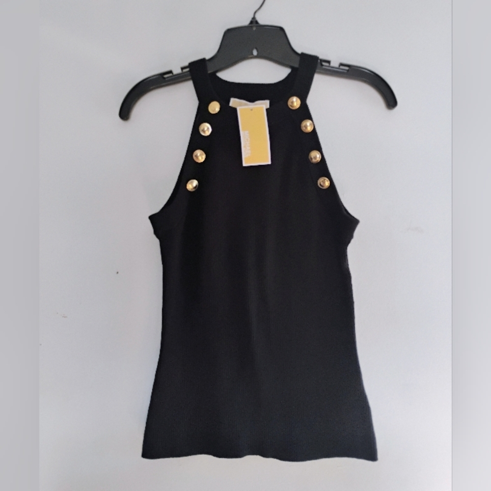 Michael Kors Black Ribbed Sweater Tank Top with Gold Buttons - Picture 7 of 10